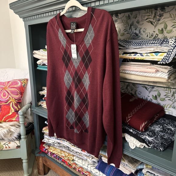 Jos A Bank Sweater Mens XL Maroon 100% Merino Wool Argyle Pullover Stretch NWT - Picture 3 of 6